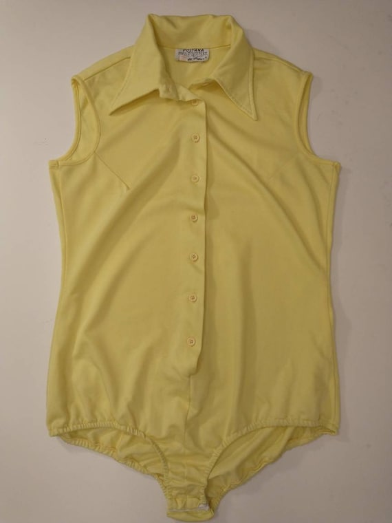 Vintage 70's Bright Yellow Stretch Bodysuit Colla… - image 2