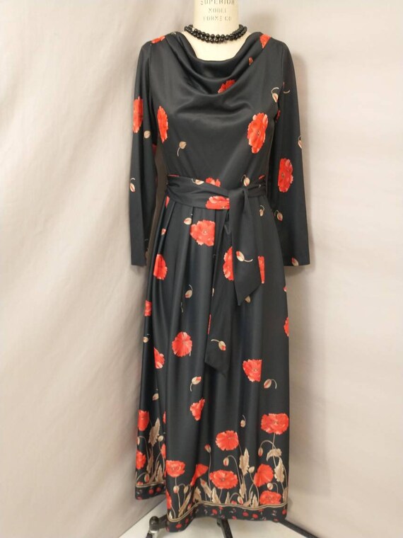 Poppies Floral Maxi 70's Vintage Red Flowers 1970… - image 2