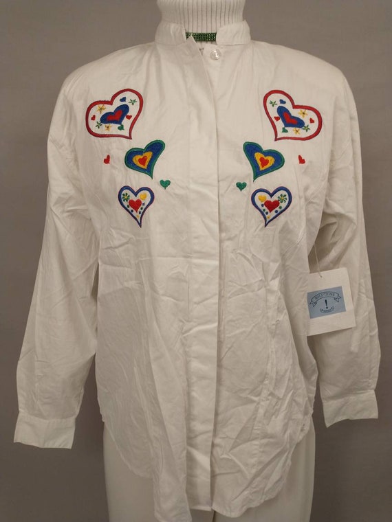 Hearts Embroidered Shirt 80's Classic Cotton Butt… - image 2