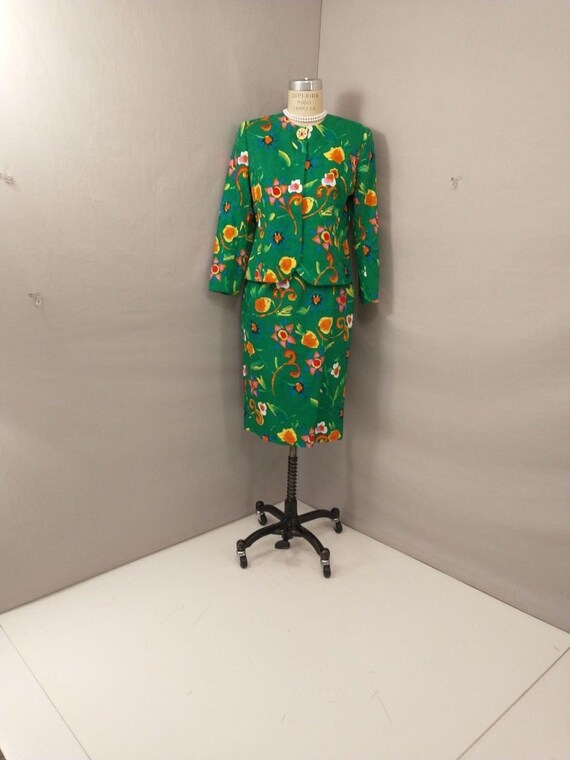Bright Green Floral Skirt Set Suit Anne Crimmins f