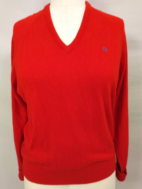 Christian Dior Monsieur Soft Red Pullover Sweater Vintage 90 s Acrylic V Neck Classic Preppy Mens or Unisex Sportswear Collegiate Made USA