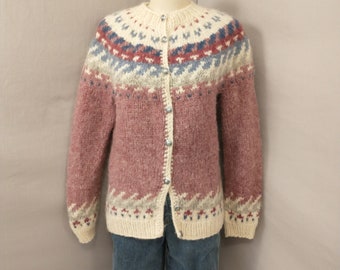 Pink Hand Knit Wool Cardigan Sweater Icelandic Lopapeysa Vintage Warm Natural Neutral Gray Lg Unisex Handmade Women's  Bulky Hilda Ltd