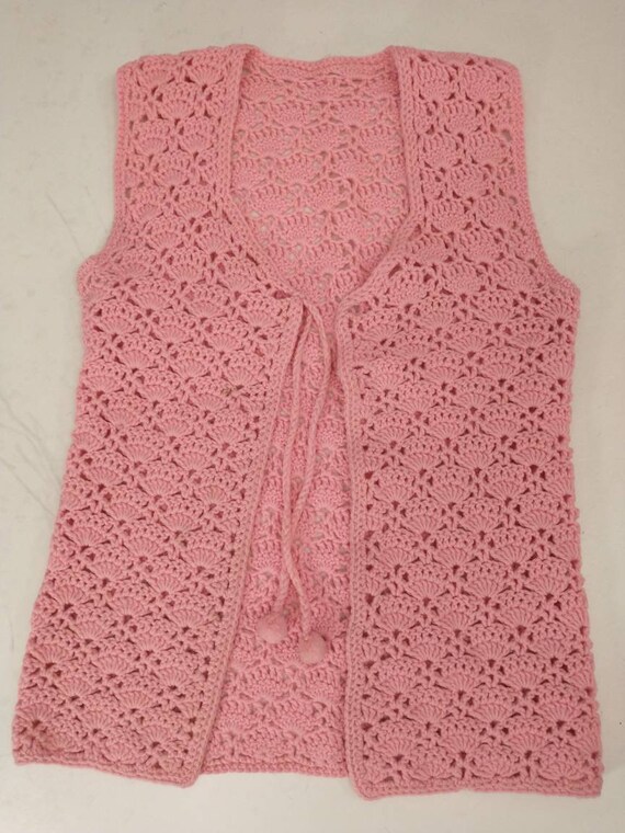 Pink Hand Knit Long Sweater Vest Handmade Vintage… - image 5