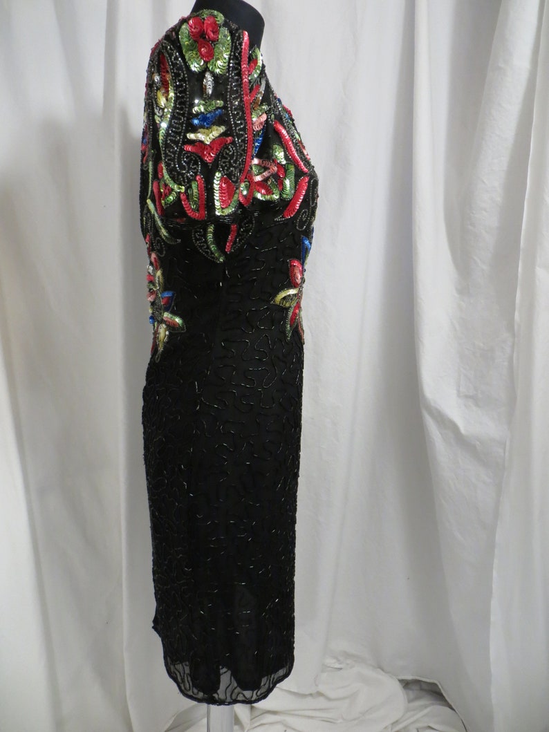 Gorgeous Sequin /& Beaded Dress Colorful on Black Quality Art Deco Styling Deadstock Never Worn Classy Vintage early 90/'s sz SM 6-8 est