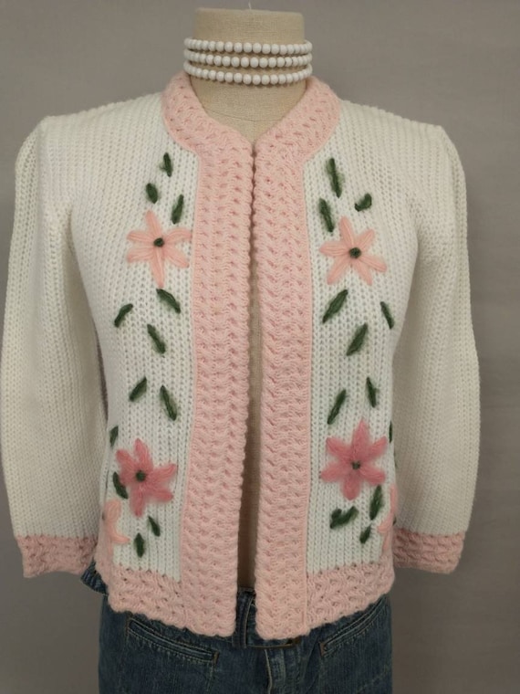 60's Pink Flowers on White Cardigan Sweater Feminine - Etsy