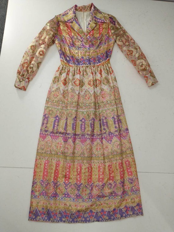 70's Metallic Colorful Dress Vintage Seventies Lo… - image 8