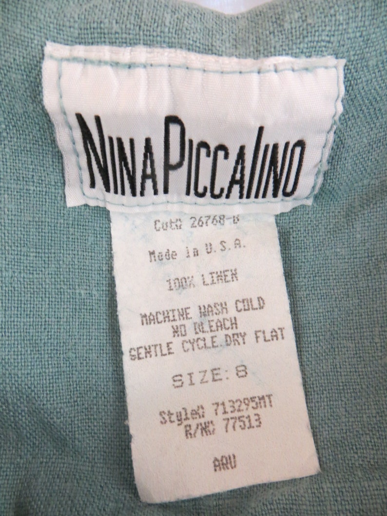 USA Made Linen Pale Aqua Turquoise Vintage 90/'s Nina Piccalino Long Dress Painted Loose Unstructured Minimalist Artsy Comfortable
