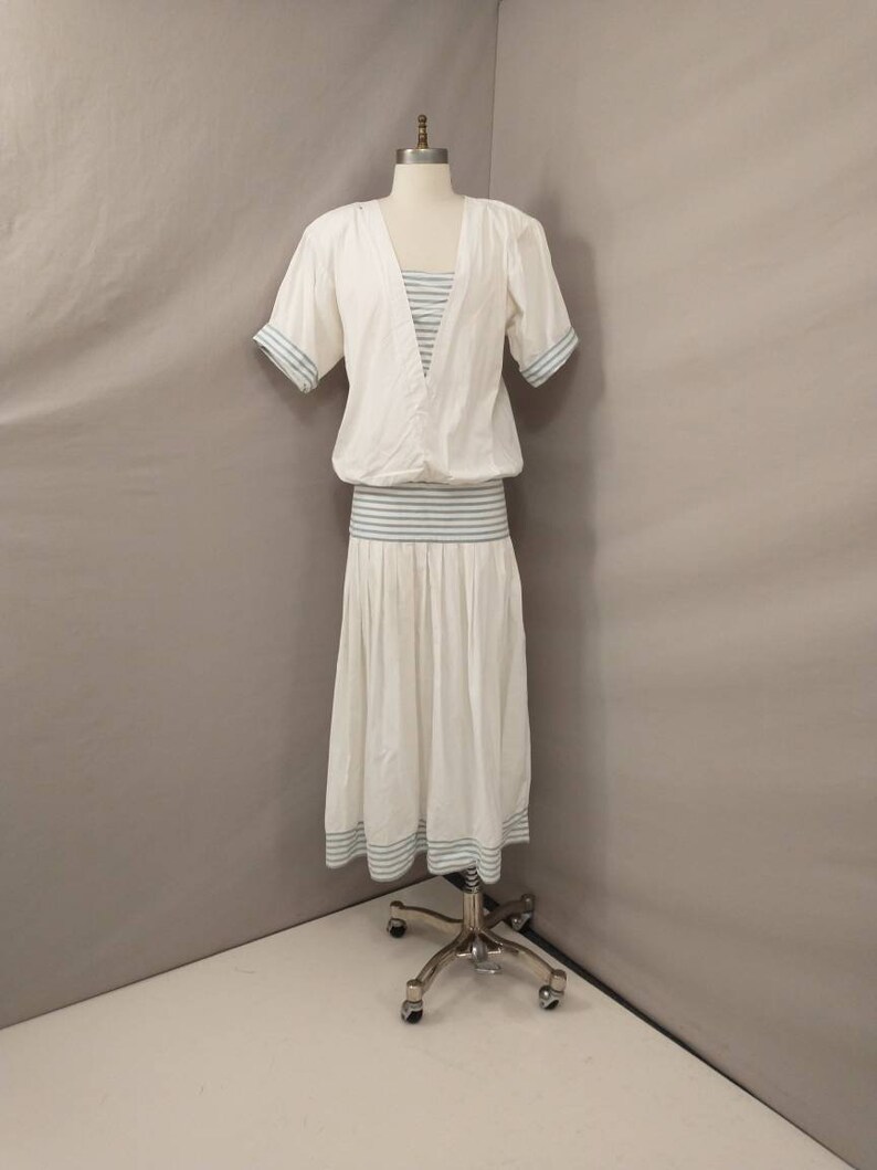 Low Drop Waist Costume Dress Halloween Twenties Sailor Look 80s Does 20's Creative Possibilities Innocent Flapper White Cotton w Blue Stripe image 9