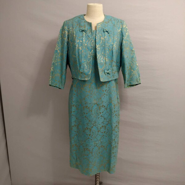 Fifties Dress Set Costume or Repair Fun Period 50's Colors Gold & Aqua 1950's Style Med/Lg Clean Authentic Mad Men