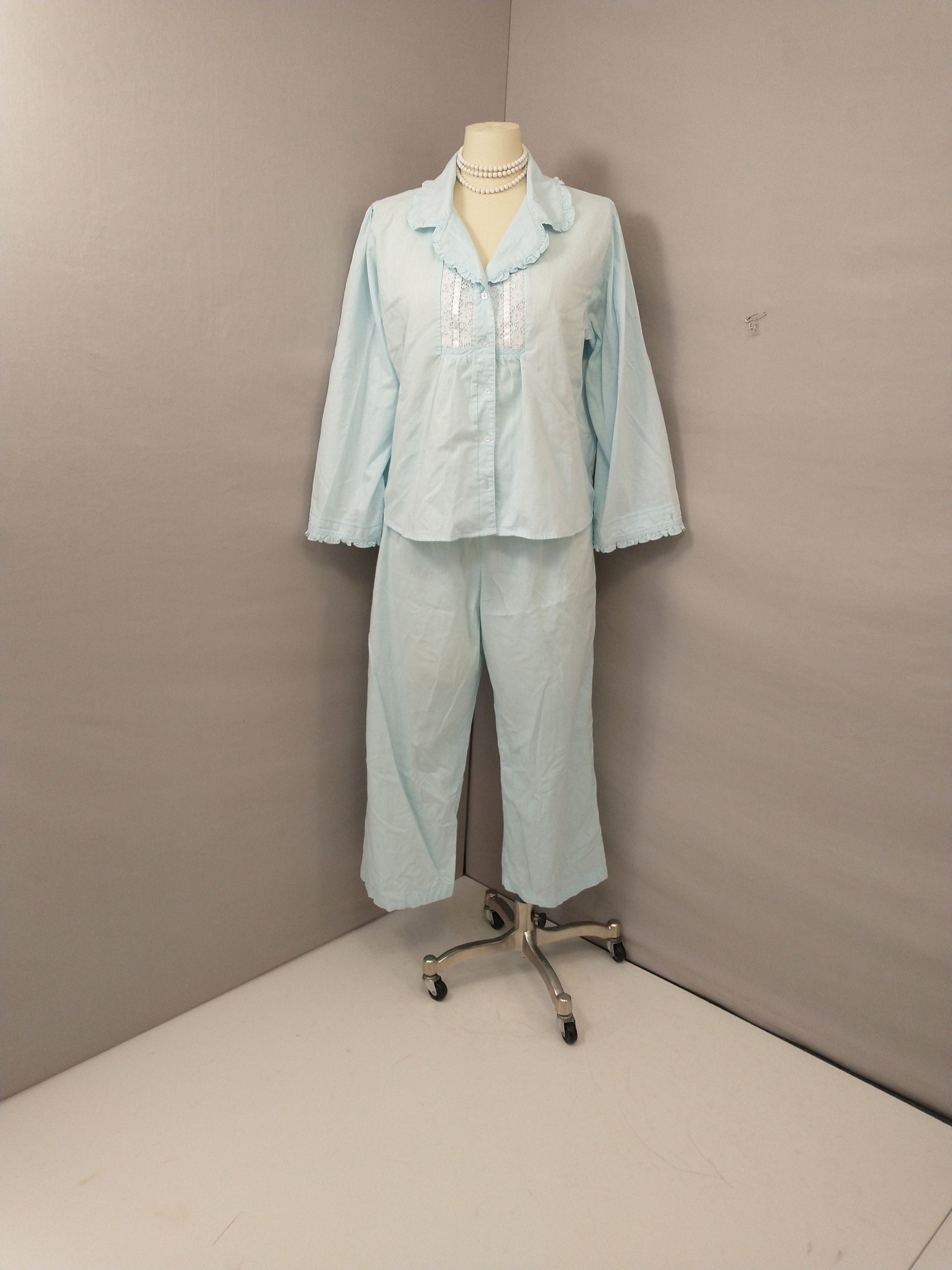 Laura Ashley Pajama's Vintage 90's Long Sleeve Pastel Blue Feminine Style  Comfortable Cotton Blend Ruffle Edge Szmrklg& XL on Pants 