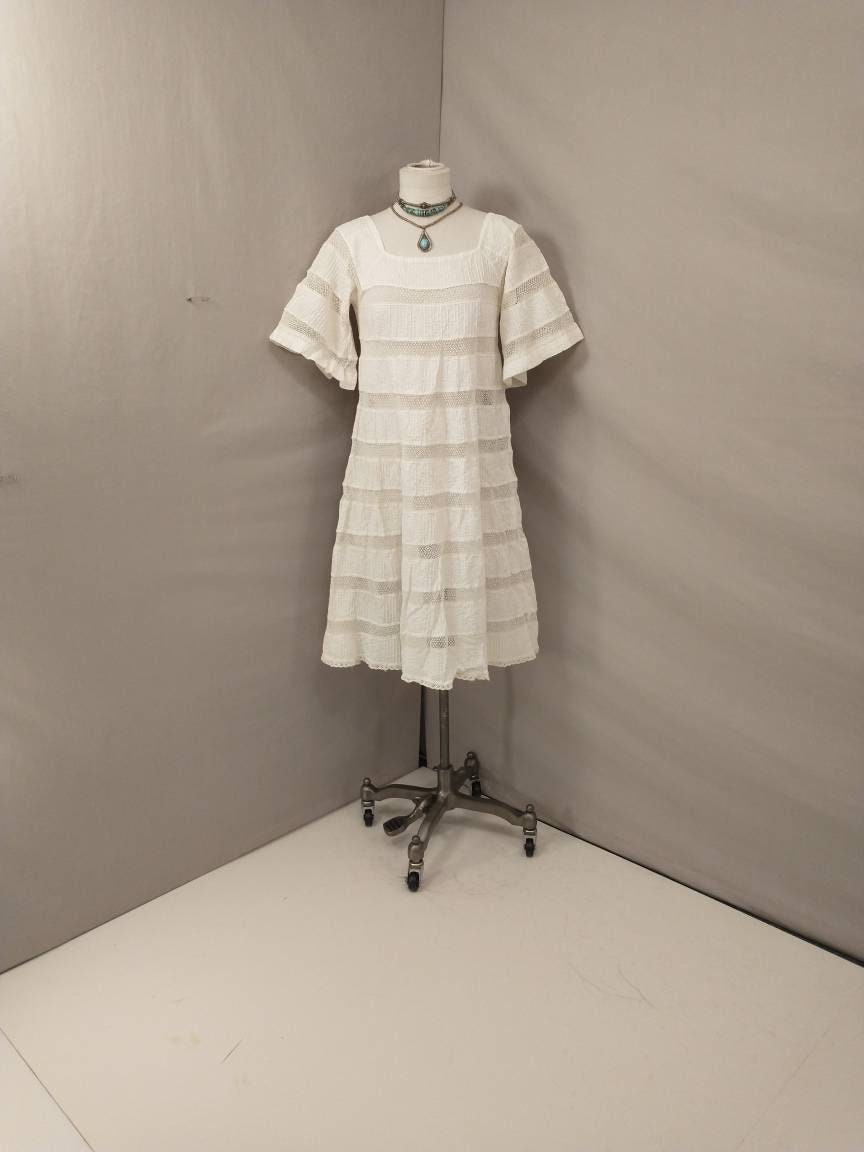70's Cotton Crochet & Pintuck White Vintage Dress Ethnic Handmade Native Mexican Made in Mexico by Phoenix Boho Hippie Oaxacan Wedding Midi