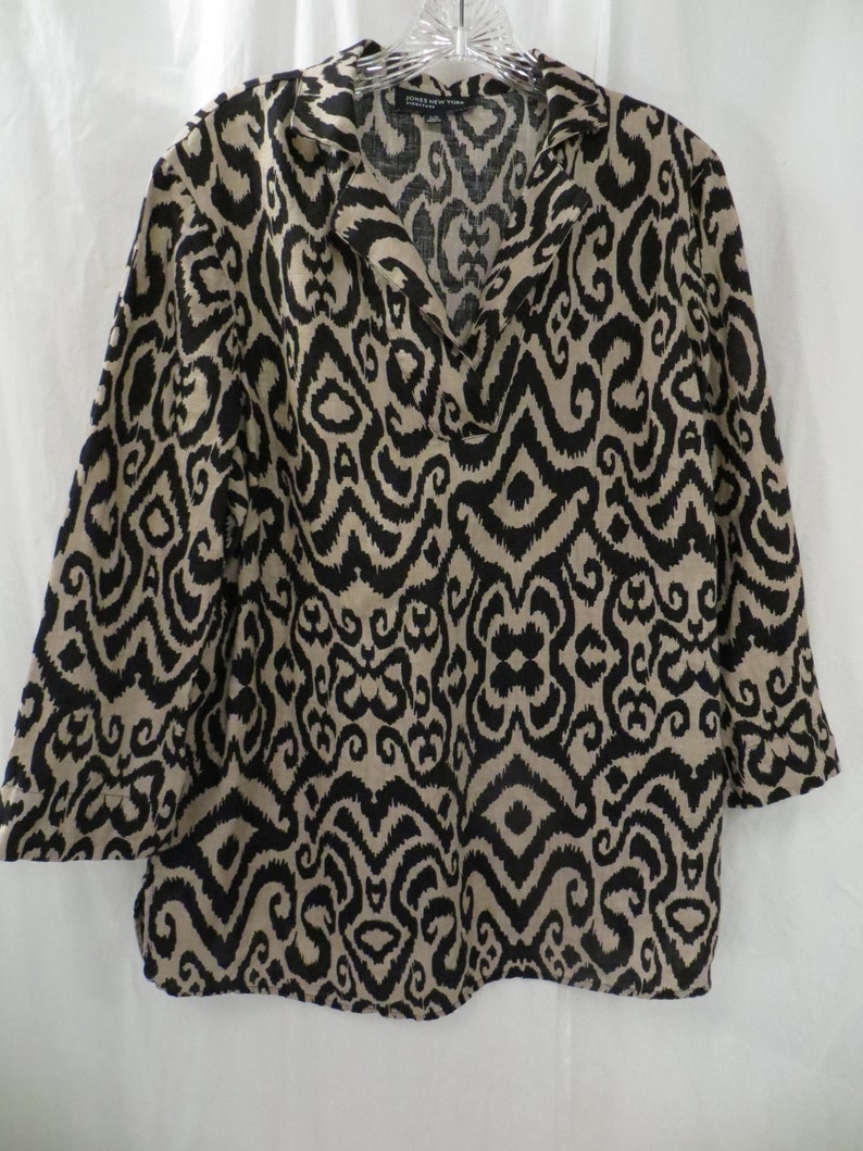 Tribal Animal Print Linen Tunic Shirt Blouse 90/'s Large Natural Fiber Top M L Jones New York