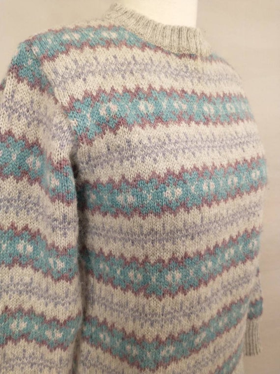 English Wool Pullover Sweater Pretty Gray Aqua & … - image 3