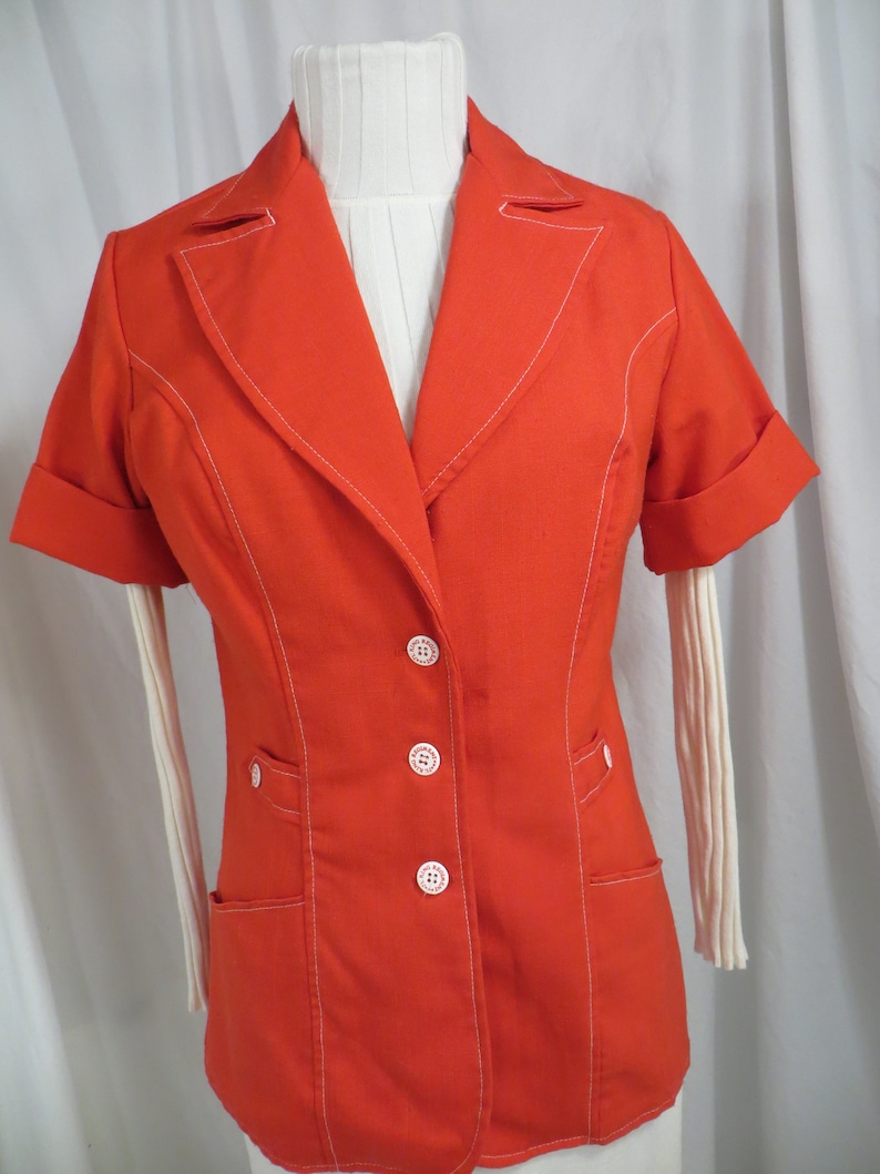 70/'s Red Long Shirt Jacket Tunic Length Sm Large Wing Collar White Buttons Authentic Period Seventies