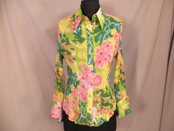 Bright Floral 80's Vintage Blouse Long Sleeve Sm M