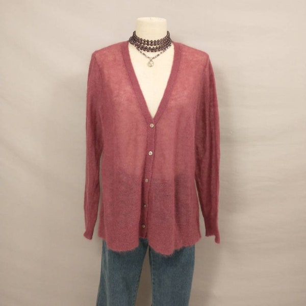 Mohair Long Cardigan Sweater Feminine Vintage Y2K Soft Knit Plum Mauve Sheer Lightweight Layering Spring