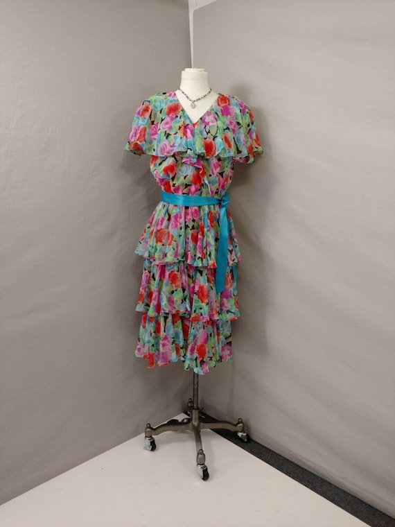 Bright Flowers Ruffle Chiffon Midi Dress Vintage 9