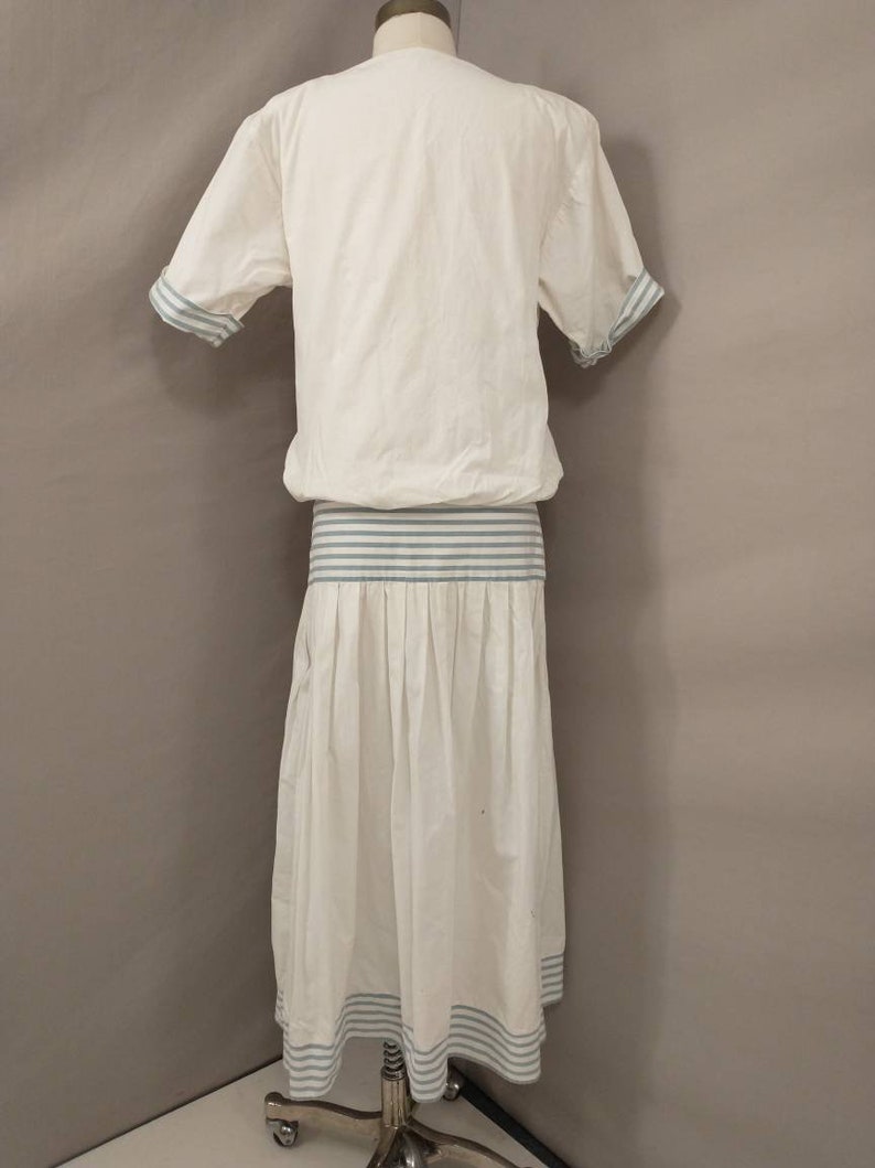 Low Drop Waist Costume Dress Halloween Twenties Sailor Look 80s Does 20's Creative Possibilities Innocent Flapper White Cotton w Blue Stripe image 4