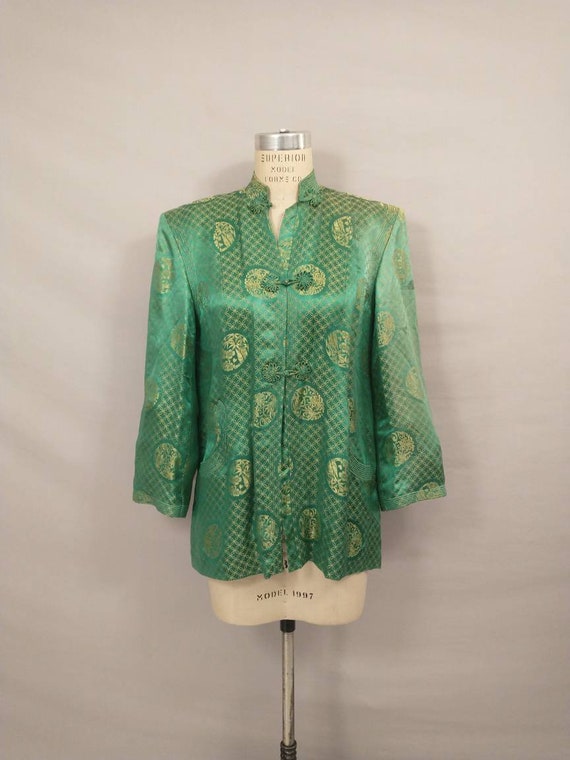 Old Silk Green Satin Chinese Jacket Gorgeous Tail… - image 1