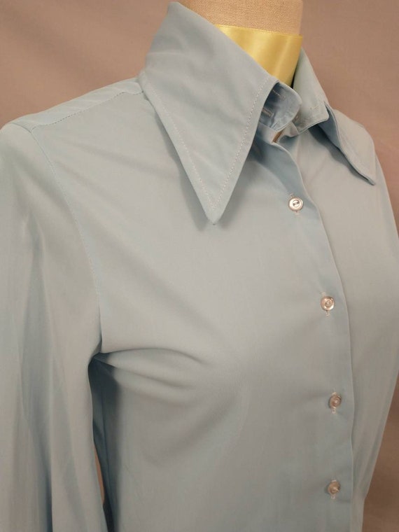 70's Vintage Blue Button Down Shirt Blouse Long P… - image 3