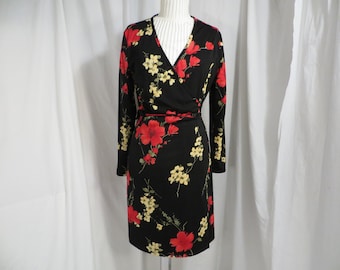 Floral Wrap Dress Vintage 90's Red Flower Print Classic Style Comfortable Med/Lg Made in USA Black Midi Washable