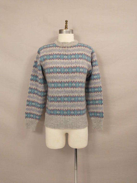 English Wool Pullover Sweater Pretty Gray Aqua & M