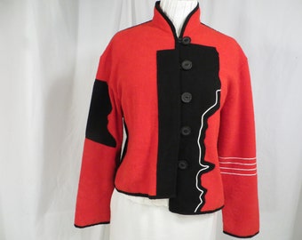 Artistic Asymmetrical Red and Black Sweater Jacket Dressy & Artsy Vintage 90's Quality Made in USA by Alissa Wool Fleece