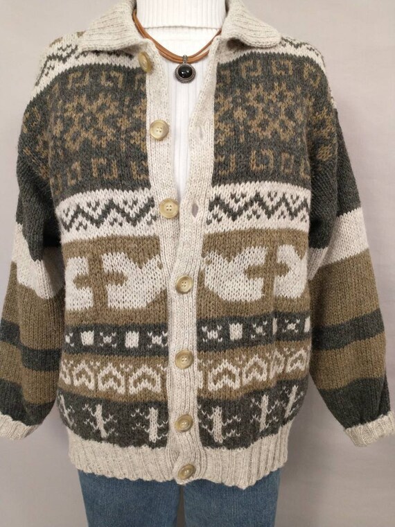 Native Pattern Wool Sweater Jacket Benetton Cardigan Natural Neutral Italian Blue Family Label Vintage 90 s Tribal Graphic Cardigan