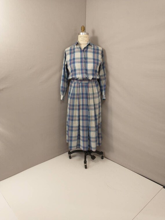 80's Plaid Cotton Set Skirt and Blouse Vintage Ei… - image 1
