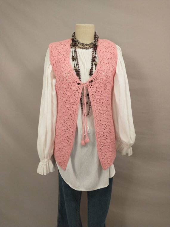 Pink Hand Knit Long Sweater Vest Handmade Vintage… - image 1