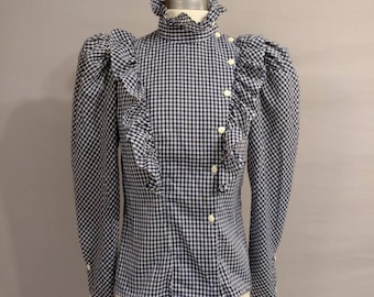 Super Feminine Blue White Gingham Check Blouse High Ruffle Collar Shirt Vintage 70's Costume or Party Woman 1970's Vintage Feminine Country