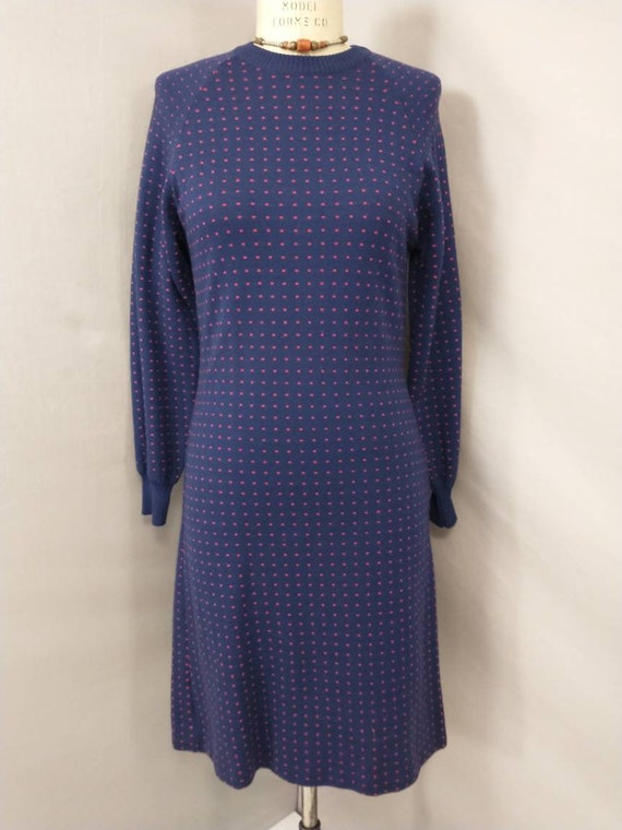 Vintage Polka Dot Knit Sweater Dress Vintage 80 s Midi Feminine Comfortable Long Sleeve Navy Blue Red Versatile Comfortable Etsy UK