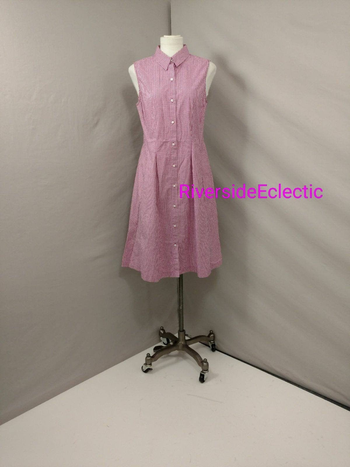 Gingham Check Cotton Dress Vintage Talbot's 12 Reddish Magenta White Feminine Summer Sleeveless Sundress Classic Conservative Country Modest
