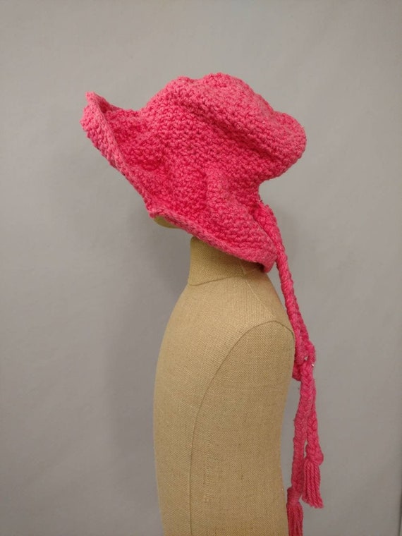 Hand Knit Bright Pink Vintage Floppy Brim Hat OS … - image 1