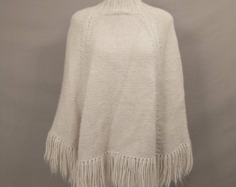 Handknit Cape Poncho Sweater Very Soft p Alpaca One Size Artsy Comfy Feminine Hand knit w Fringe Boho Bohemian Woodstock Sweater