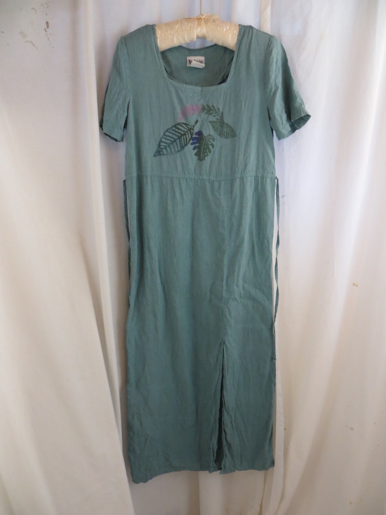 USA Made Linen Pale Aqua Turquoise Vintage 90/'s Nina Piccalino Long Dress Painted Loose Unstructured Minimalist Artsy Comfortable