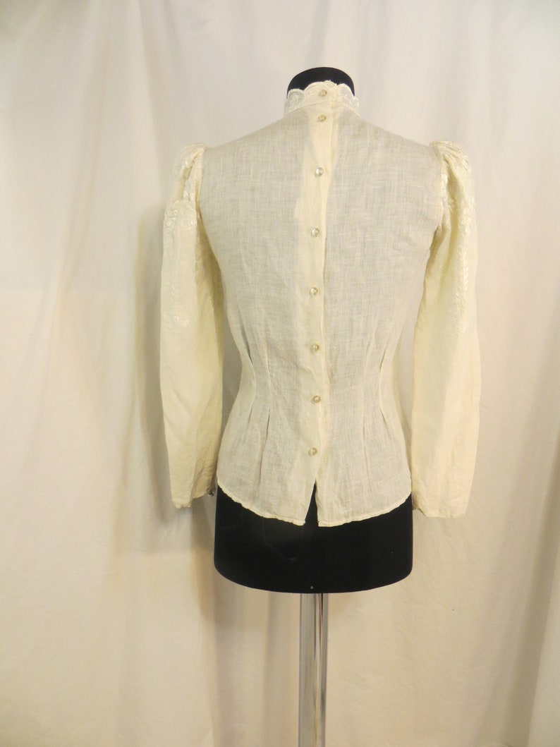 Ivory Vintage Feminine Linen /& Lace Authentic 70/'s Cream Blouse Shirt Sm 8 Long Sleeve Gorgeous