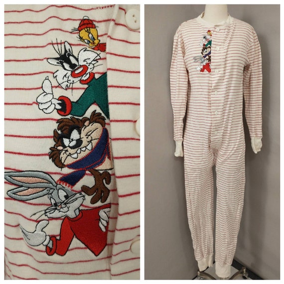 Red White Striped Long Johns Warner Bros Looney Tunes Tweety Taz Bugs Loungewear Sleepwear One Piece Christmas Onesie Vintage1996 WB Etsy UK