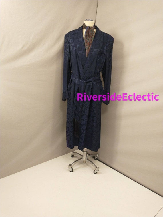 40's Smoking Jacket Dark Blue Vintage Robe Long Tr