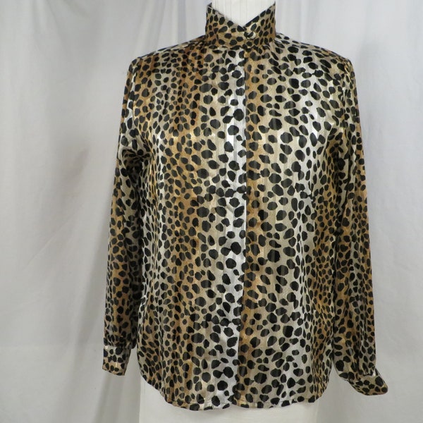 Vintage Cheetah Animal Print Blouse Feminine Modest Elegant Med Nineties Silk Look Washable Polyester