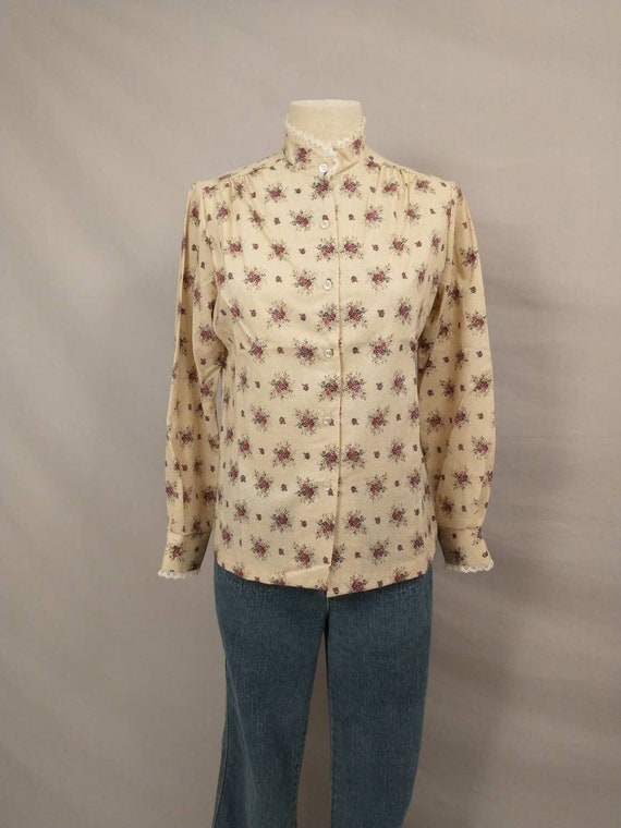 Floral 70's High Neck Blouse Long Sleeve Seventie… - image 1