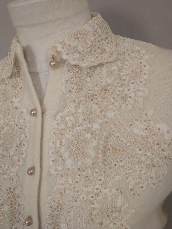 Fifties Beaded Cardigan Sweater with Lace Appliqu… - image 3