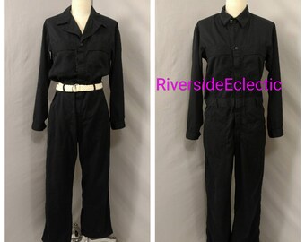 Vintage Black Coveralls Workwear Jumpsuit Vintage 90's Unisex Military One piece Med Men's Women's Versatile Lightweight Worn