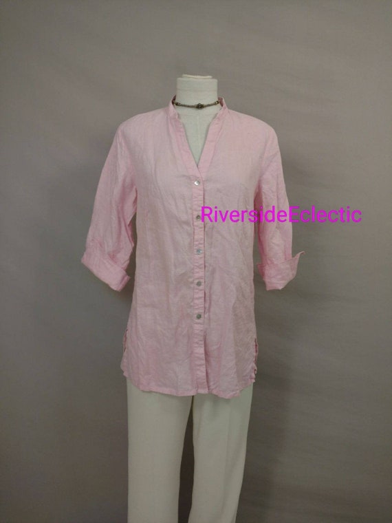 Pink Linen Tunic Shirt Button Front Long Sleeve Sh