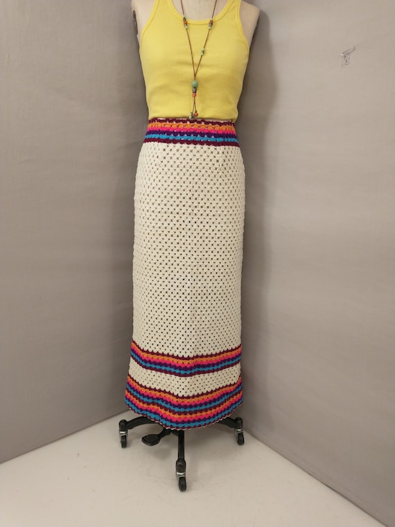 70s Crochet Mod Maxi Skirt Handmade Bright Rainbo… - image 2