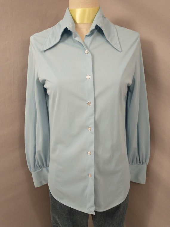 70's Vintage Blue Button Down Shirt Blouse Long P… - image 2