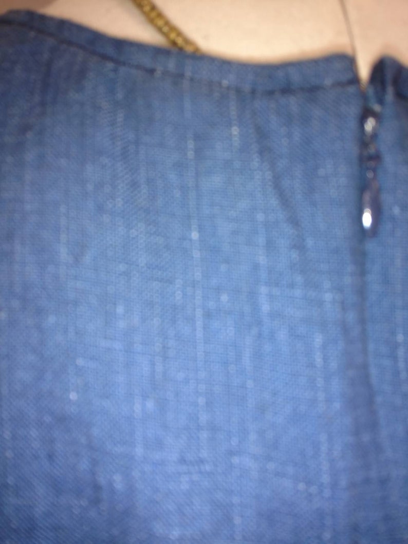 Indigo Linen Dress Vintage 90/'s Midi Knee Length A Line Shift Simple Minimalist Woven Denim Fabric Classic /& Comfortable Short Sleeve