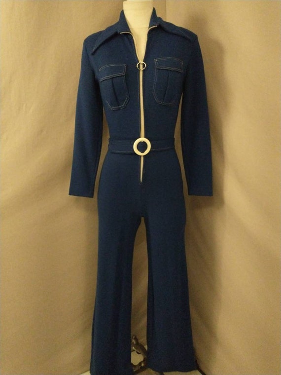Fun 70s Jumpsuit Blue Mod Vintage Seventies Long … - image 2