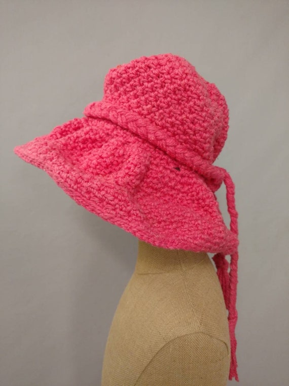 Hand Knit Bright Pink Vintage Floppy Brim Hat OS … - image 2