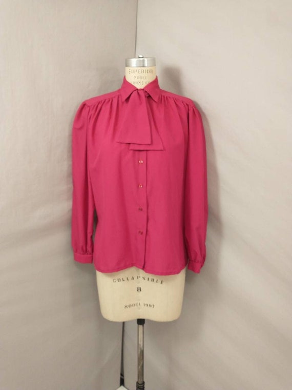Vintage 80's Dark Pink Blouse Long Puff Sleeve Bu… - image 1